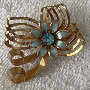 1940s Gold Tone and Blue Crystal Enamel Flower Brooch and Pendant